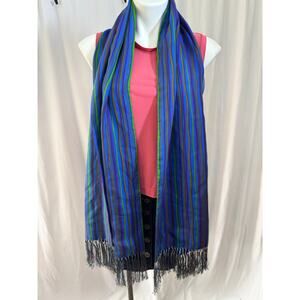 Striped Fringe Scarf – Blue, Green, and Purple